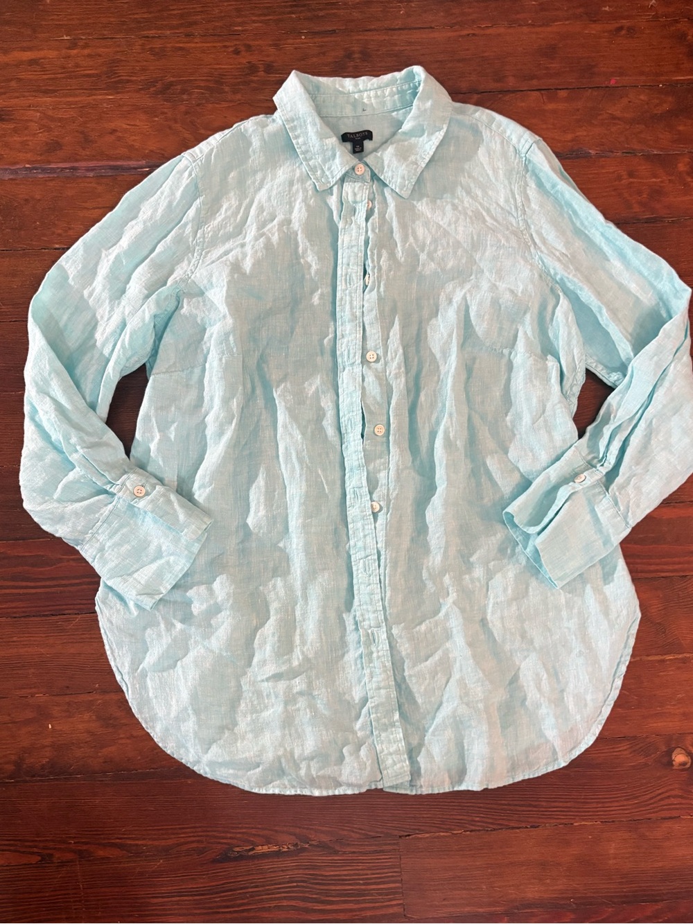 Talbots blue teal 100% linen button up long sleeve top blouse size XL